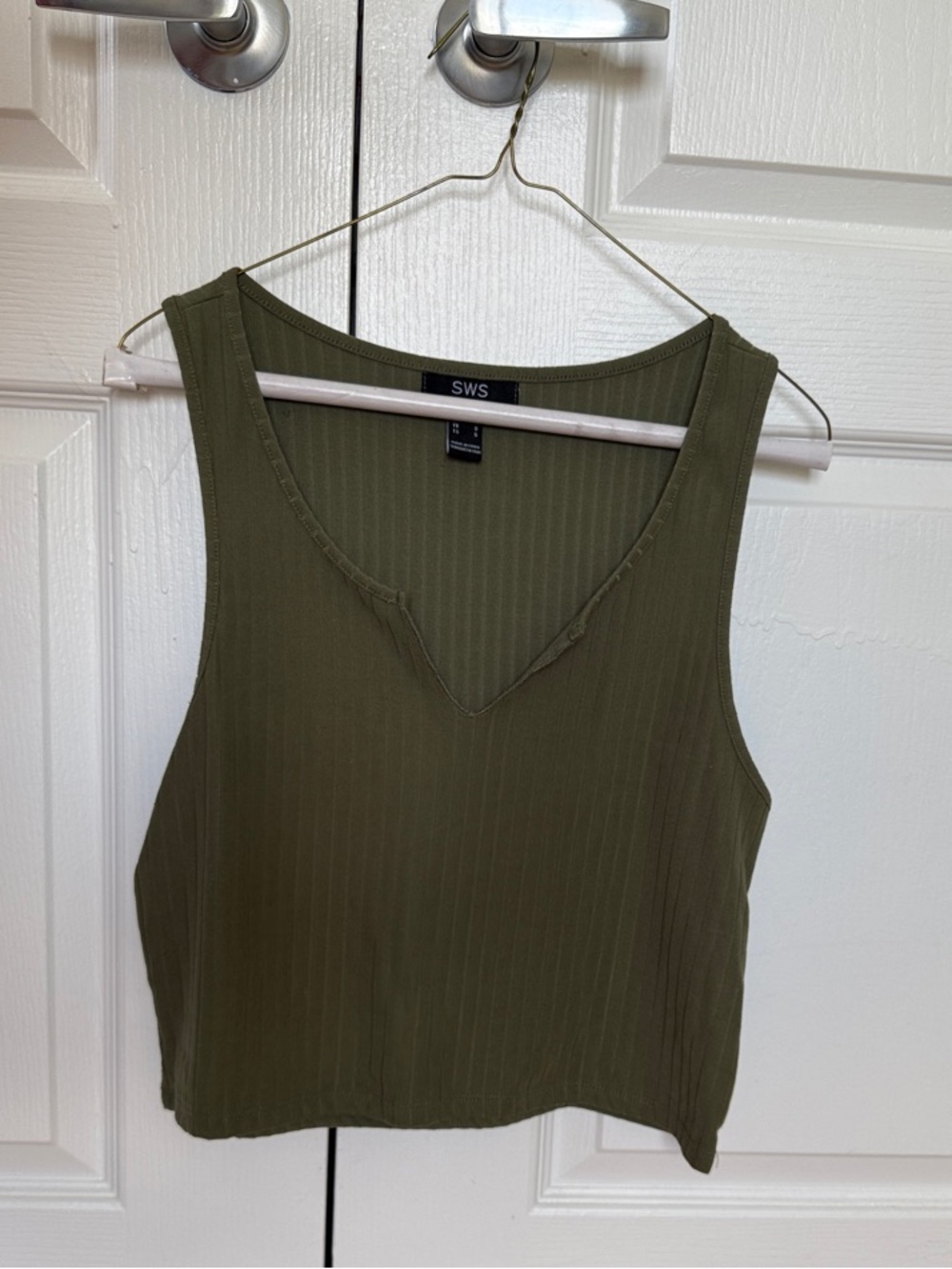 Essentials Olive Ribbed V-Neck Cropped Tank